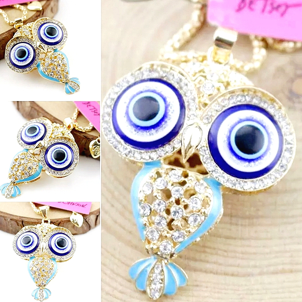 Gold Blue Crystal Owl Pendant Necklace